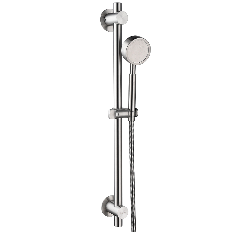 Tecmolog Stainless Steel Brushed Nickle/Black Adjustable Shower Sliding Bar with No Drilling Large Base Area & Hand Held Shower Head