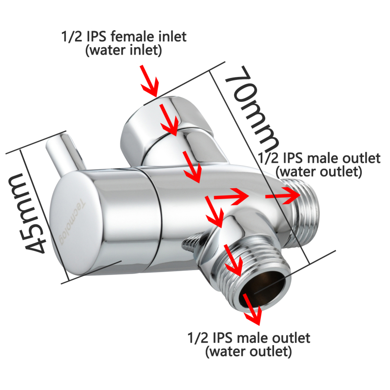 Tecmolog Brass Diverter with Switch Big Flow 3-way T Valve G1/2'' Shower Diverter with Shut Off Valve,Chrome/Black/Gold/Nickel