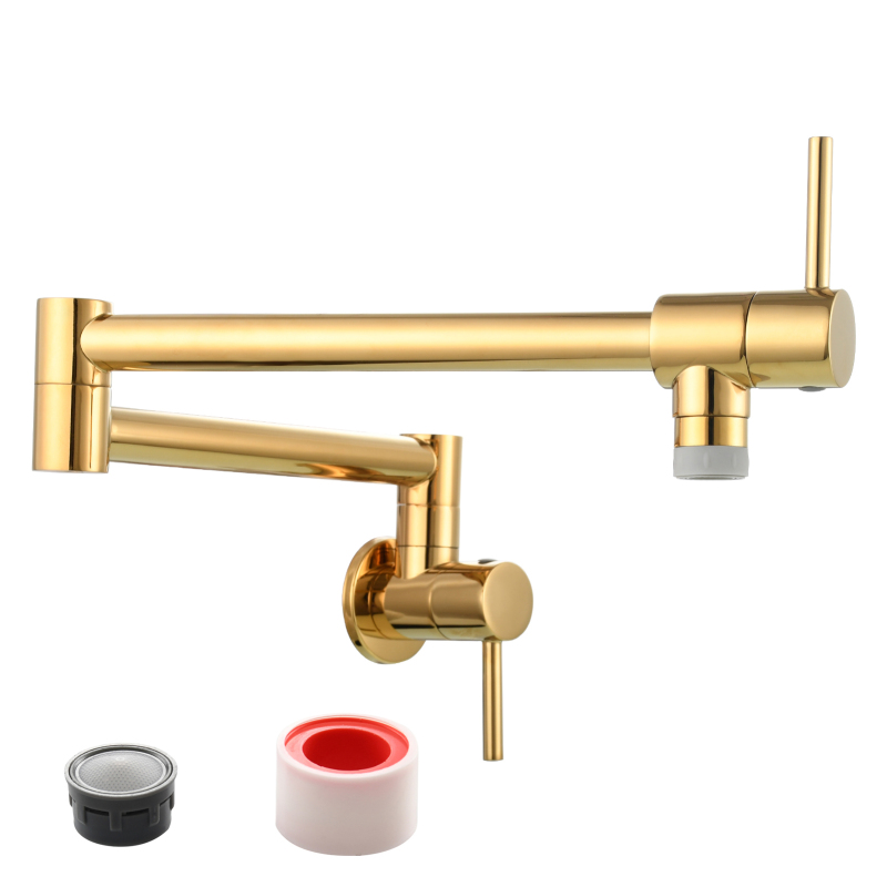 Tecmolog Brass Chrome Kitchen Faucet, Wall Mounted and Folding Kitchen Tap with Double Handle, Single Cold water Tap