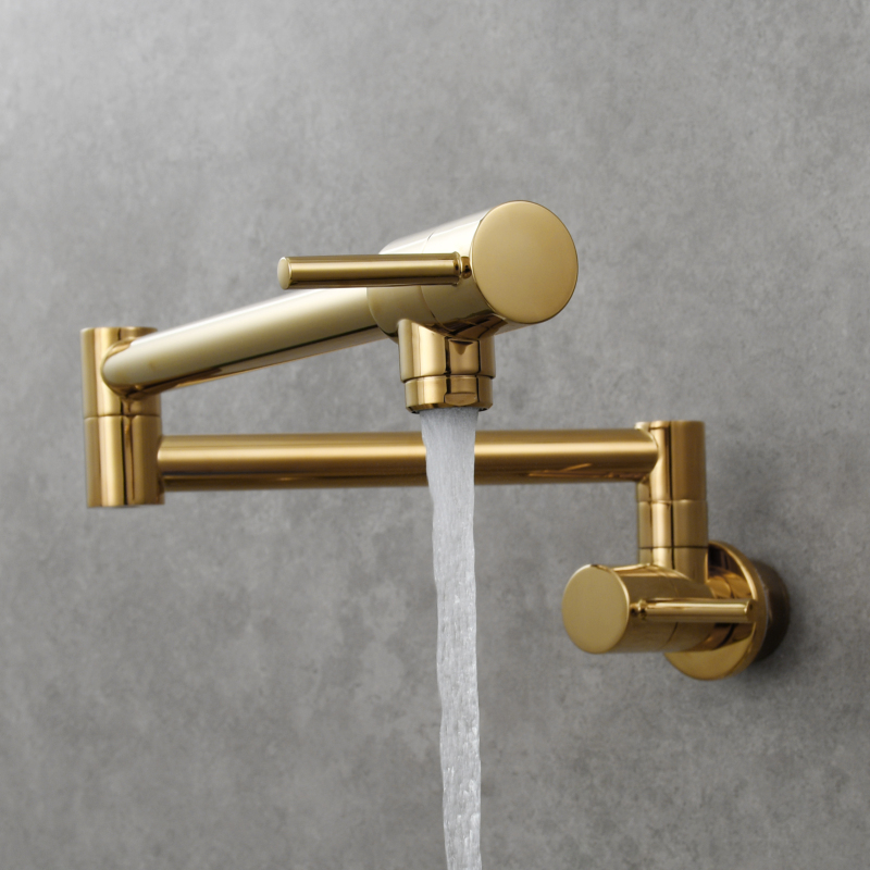 Tecmolog Brass Chrome Kitchen Faucet, Wall Mounted and Folding Kitchen Tap with Double Handle, Single Cold water Tap