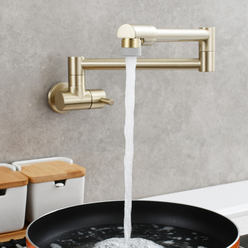 Tecmolog Kitchen Faucet Chrome Wall Mount Pot Filler Faucet Brass 360 Rotatable Folding Lengthened Folding single Handle Unique Cold Water Tap