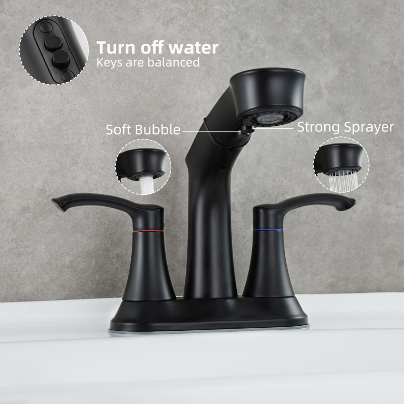 Tecmolog Alloy Plastic Steel Hot&Cold Basin Faucet Deck Mounted Bathroom Pull Out Mixer Tap with Double Handle