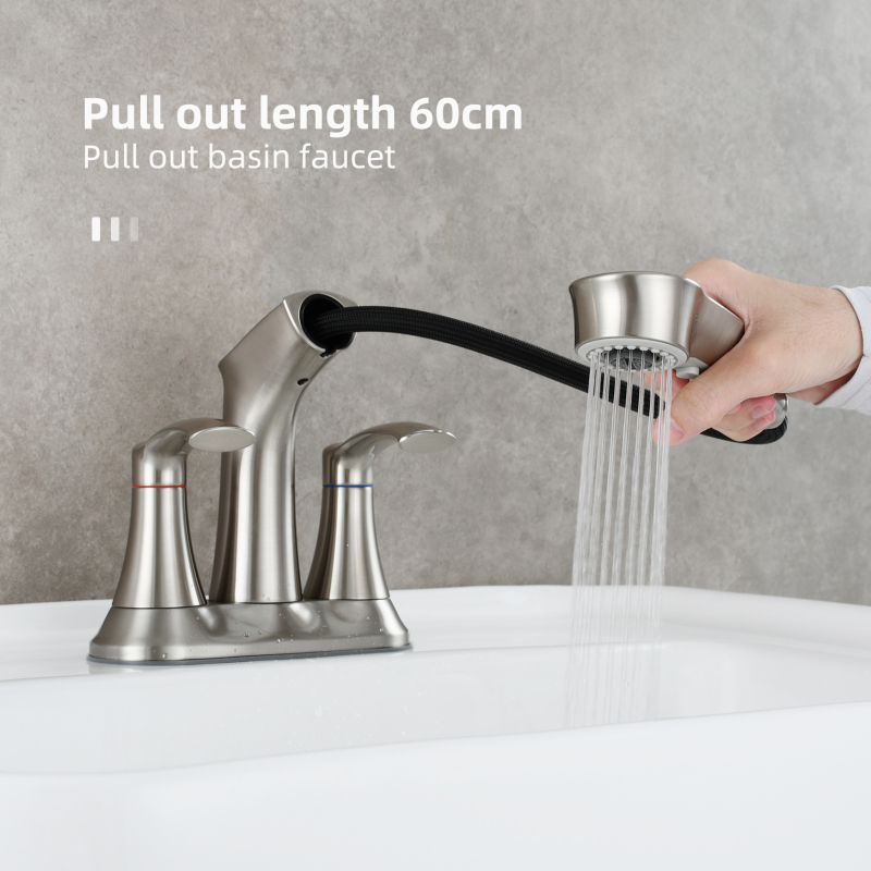 Tecmolog Alloy Plastic Steel Hot&Cold Basin Faucet Deck Mounted Bathroom Pull Out Mixer Tap with Double Handle