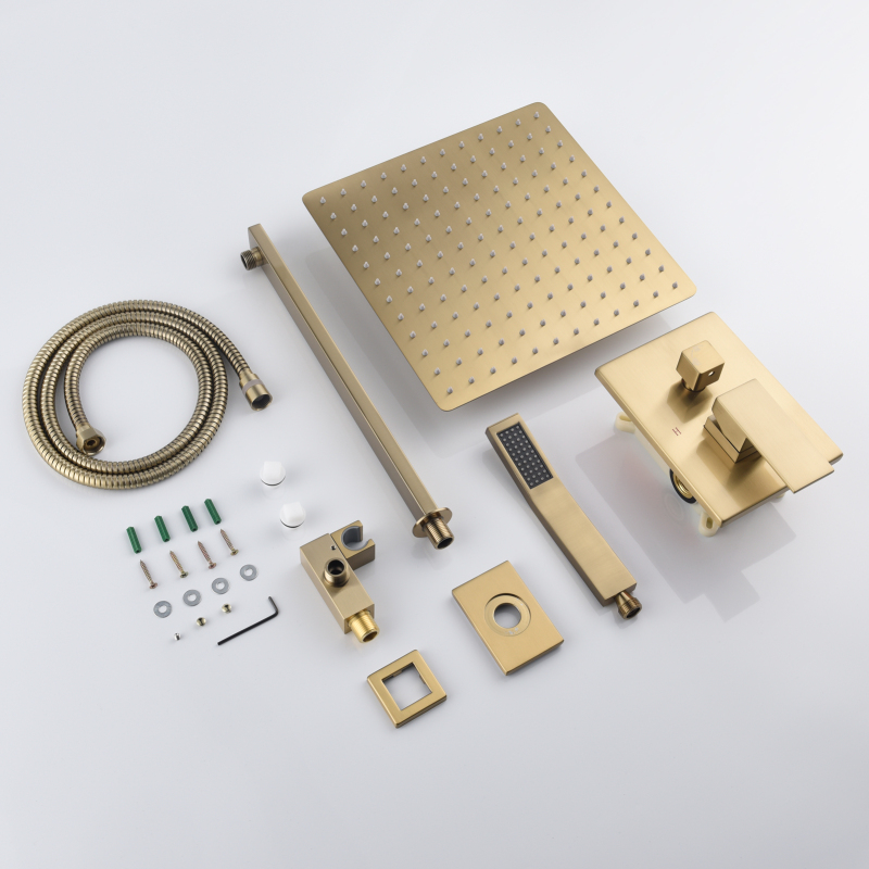 Tecmolog Brass Bathroom Luxury Rain Mixer Combo Set Wall Mounted Rainfall Shower Head System Brushed Gold