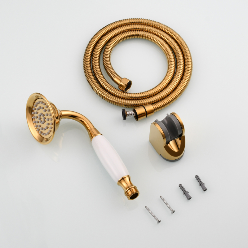 Tecmolog Brass PVD Gold Telephone Shower Head/Showee Set, Water Saving Handheld Shower Sprayer with 59" Shower Hose and Holder BS126/BS126F