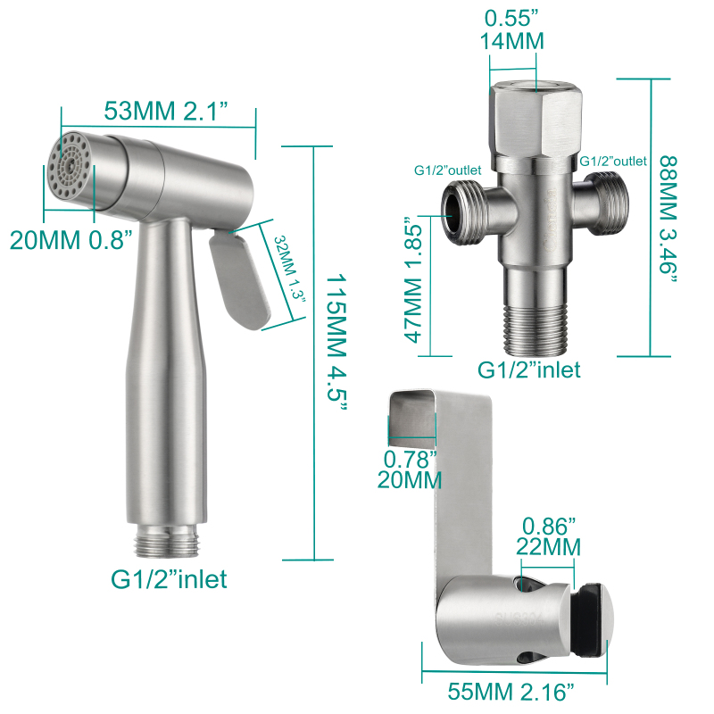 Tecmolog Stainless Steel Diaper Sprayer Shattaf, Bidet Sprayer Set, 2 Jets Handheld Toilet Sprayer, Complete Bidet Set for Toilet WS024AF2