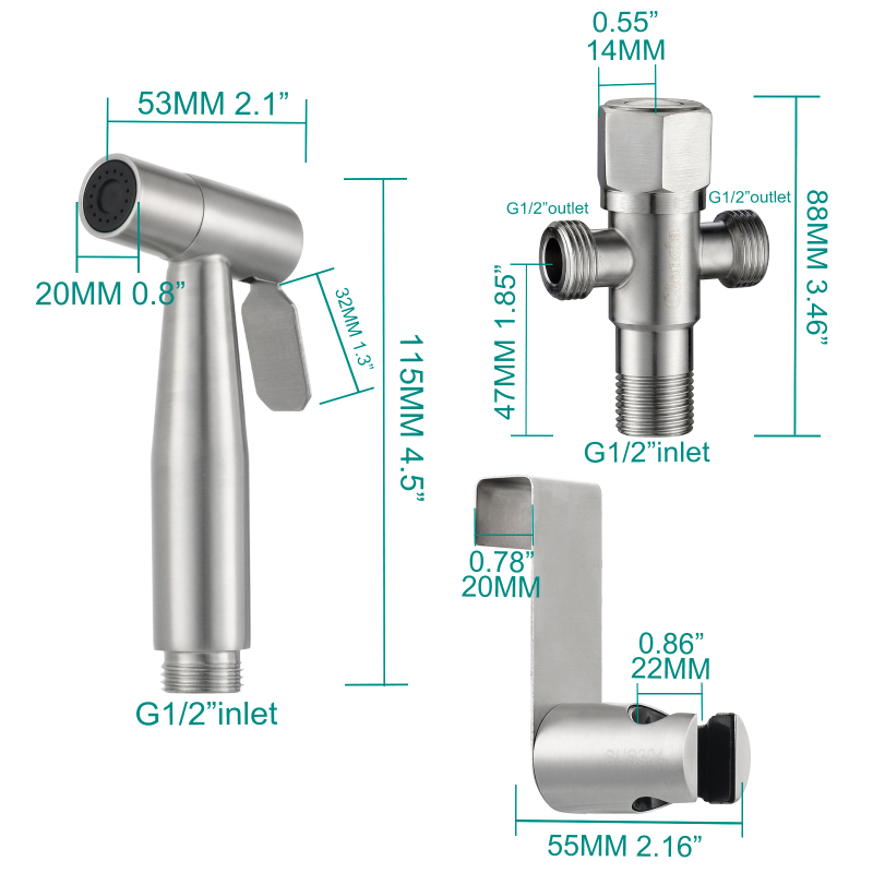 Tecmolog Handheld Bidet Sprayer Set, Stainless Steel Shattaf, Cloth Diaper Sprayer for Toilet WS024F2