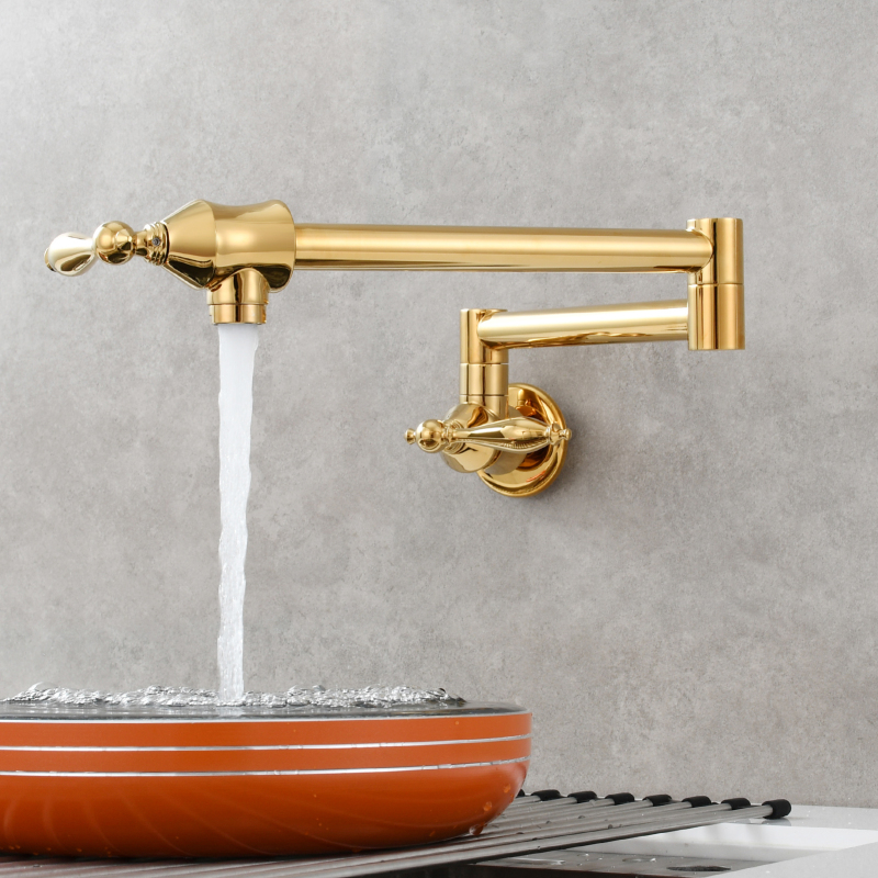 Tecmolog Pot Filler Faucet Brass Commercial Wall Mount Kitchen Sink Faucet Folding Stretchable with Single Hole Two Handles