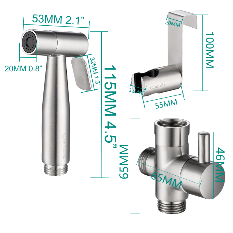 Tecmolog Stainless Steel Handheld Bidet Sprayer Shattaf for Toilet Washing, Bidet Sprayer Set with Hose, Holder and G1/2 Diverter, WS024/WS024S/WS024F