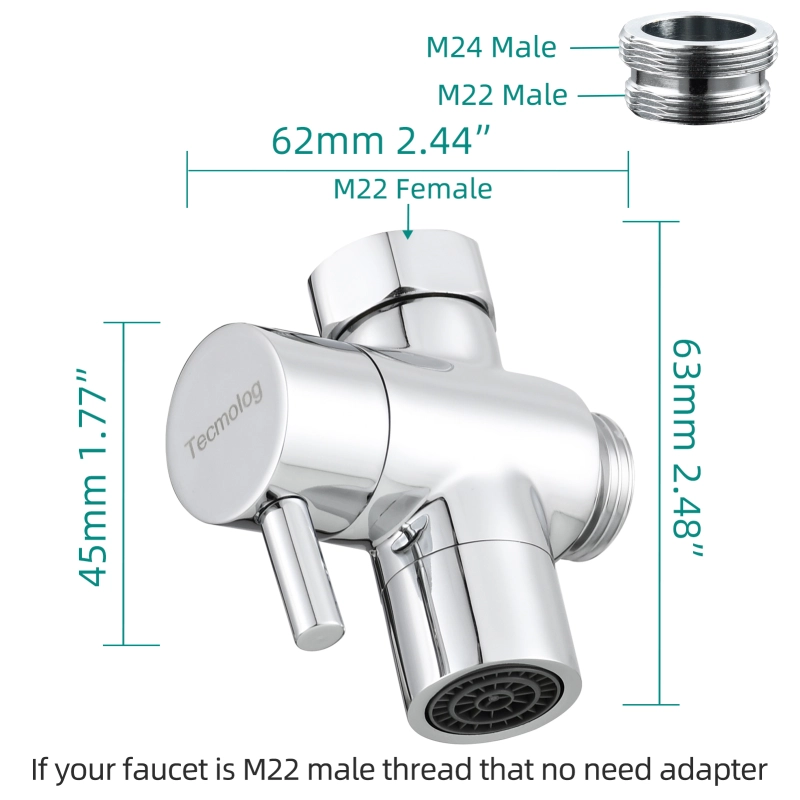 Tecmolog Sink Valve Diverter M22 x M24, Brass Faucet Splitter for Kitchen, Faucet Adapter 2 Way, SBA021C/SBA021CB/SBA021CNA