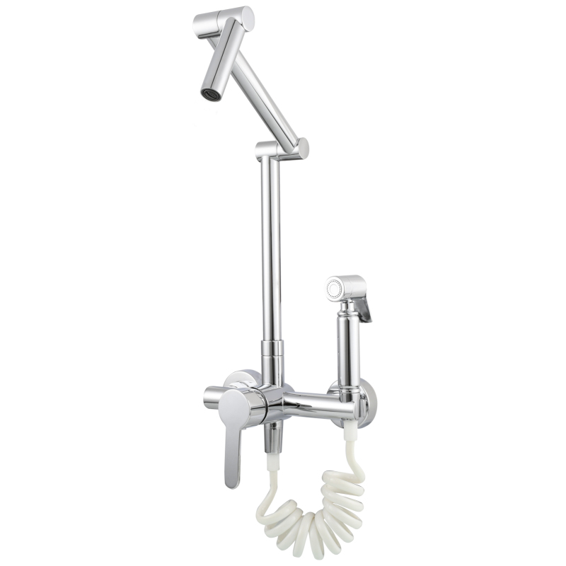 Tecmolog Brass Kitchen Faucet Hot ang Cold Folding Wall Mounted Tap with Bidet Sprayer and Shower Hose