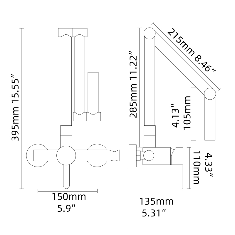 Tecmolog Brass Kitchen Faucet Hot ang Cold Folding Wall Mounted Tap with Bidet Sprayer and Shower Hose