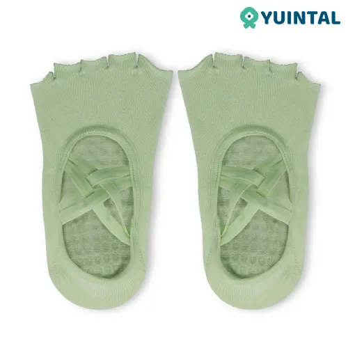 Double-strap toeless ballet socks features – silicone grip bottom and cross ribbon ankle support