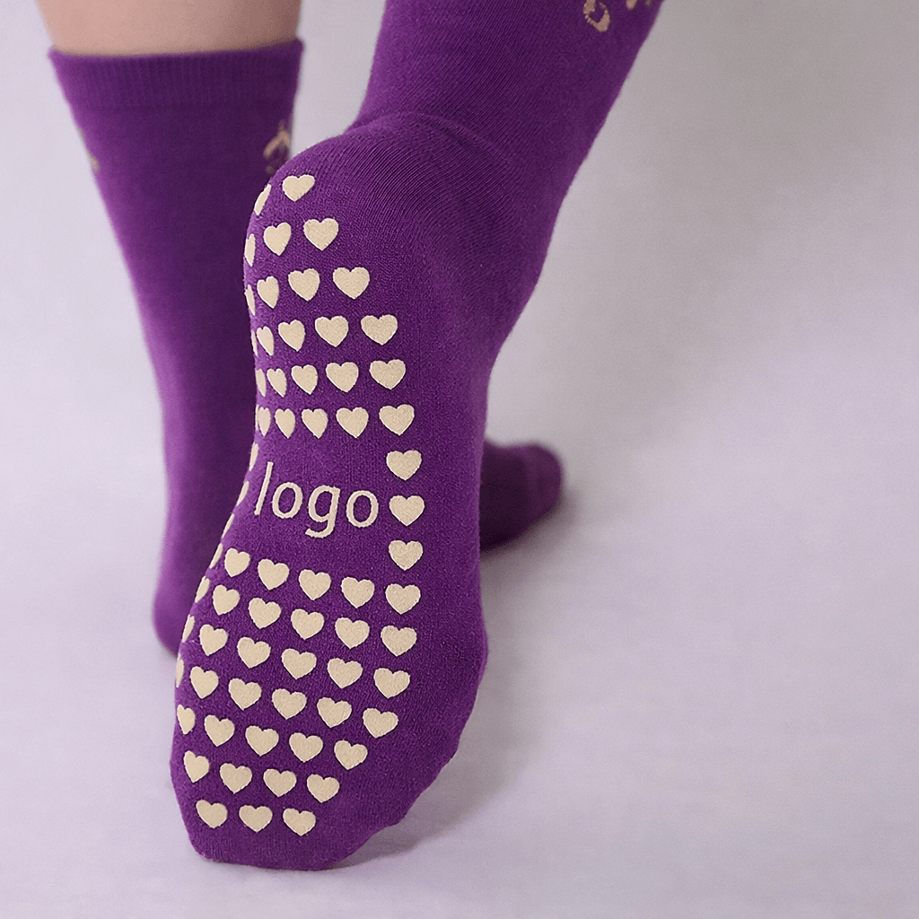 custom anti slip socks with heart pattern grips and logo design, premium custom non slip socks for branding, yoga studios and hospital use