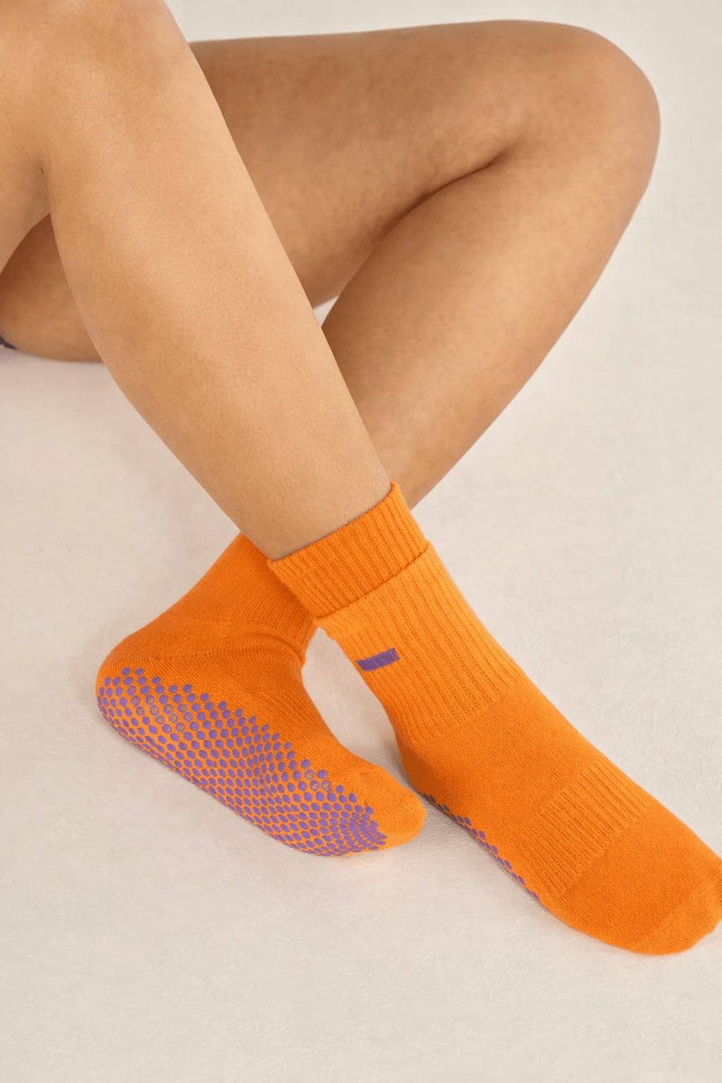 private label fitness socks in orange color with anti slip grip sole, gym socks OEM suitable for fitness training and studio workouts