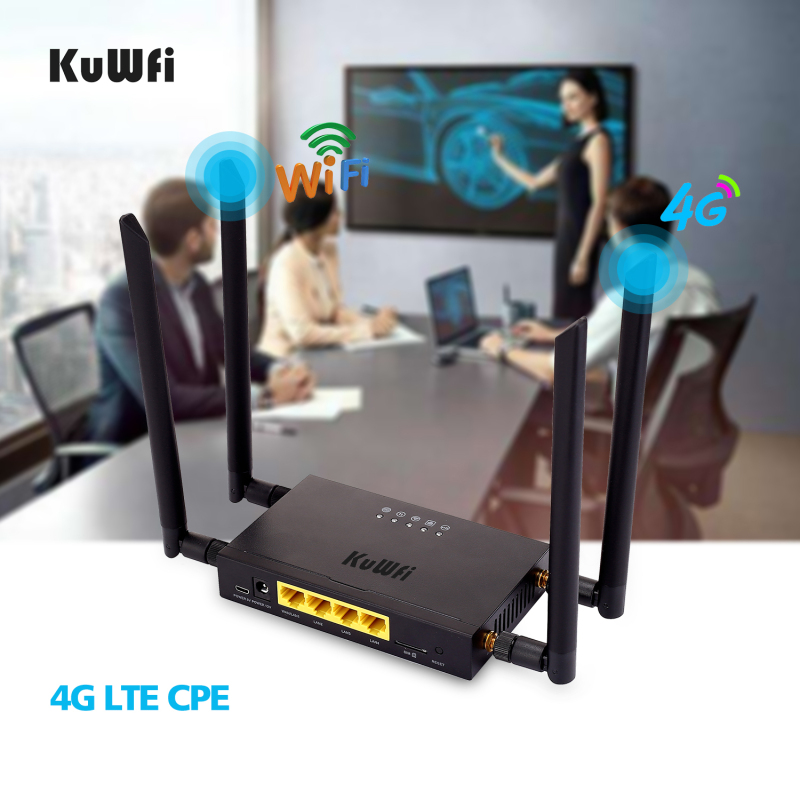 KuWFi 4G LTE Car WiFi Wireless Internet Router 300Mbps Cat 4 High Speed Industry CPE with SIM Card Slot and 4pcs External Antennas for USA
