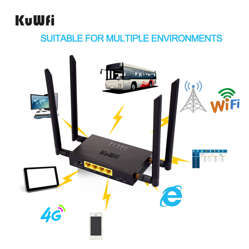 KuWFi 4G LTE Car WiFi Wireless Internet Router 300Mbps Cat 4 High Speed Industry CPE with SIM Card Slot and 4pcs External Antennas for USA