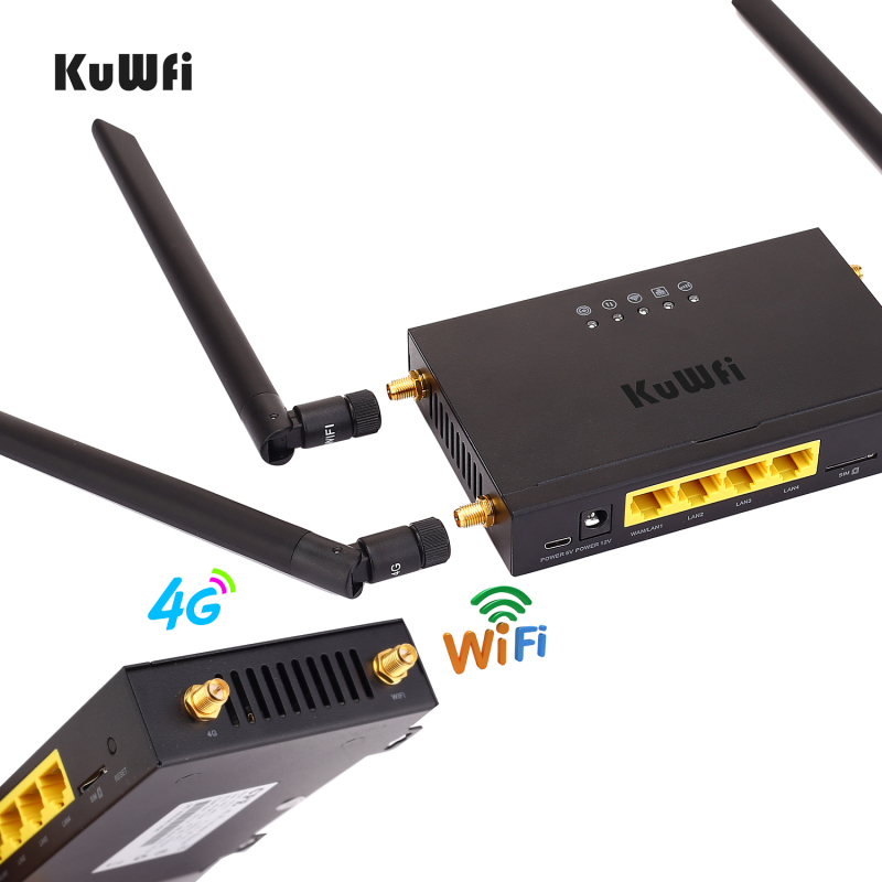 KuWFi 4G LTE Car WiFi Wireless Internet Router 300Mbps Cat 4 High Speed Industry CPE with SIM Card Slot and 4pcs External Antennas for USA