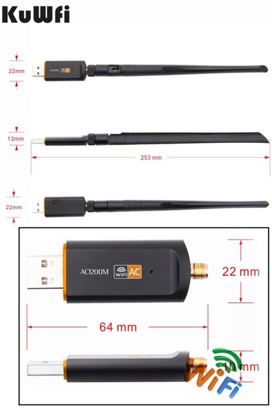 KuWFi USB WiFi Adapter 1200mbps LAN Dongle 2.4GHz 5.8GHz Wireless-AC Network Card Dual Band Antenna for Desktop MAC/Liunx OS/Windows7/8/10