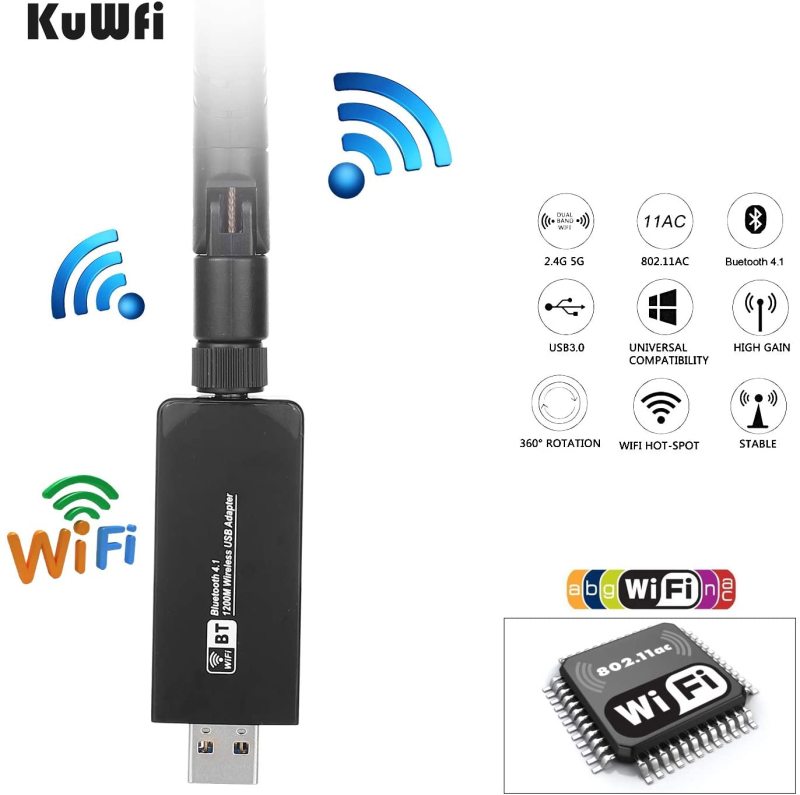 KuWFi Dual Band  4.1 WiFi USB Adapter, Wireless AC 1200Mbps 5GHz WiFi USB 3.0 LAN Adapter High Gain Antenna Network Card for Windows Linux Systems