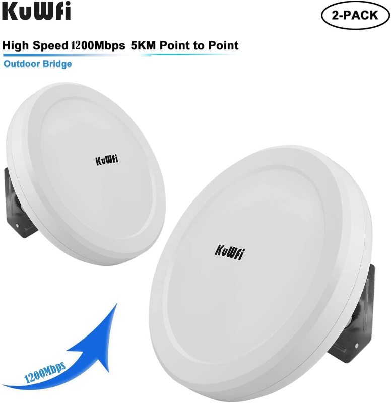 KuWFi Wireless WiFi Bridge 11ac Point-to-Point Outdoor AP/Client Bridge High Speeds 5.8G 1200M Support PoE 2-Packs