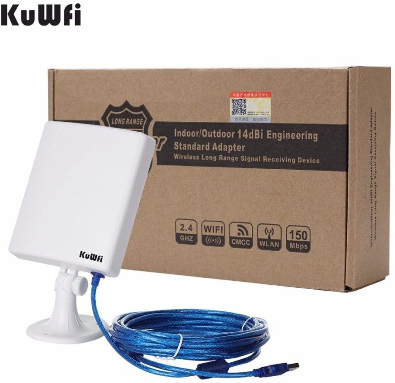 KuWFi Long Range Outdoor WiFi Netwok Adapter, High Gain 14dBi Antenna 5M Cable Wireless USB Adapter Stable Signal  Outdoor