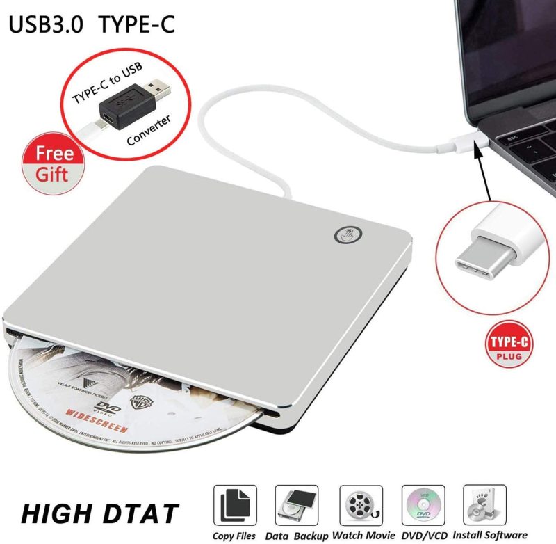 KuWFi External CD Drive, External CD DVD Drive USB 3.0 Type-C Portable Slim DVD/CD ROM Super drive +/- RW Rewriter/Writer/Reader for Laptop/Desktop Su