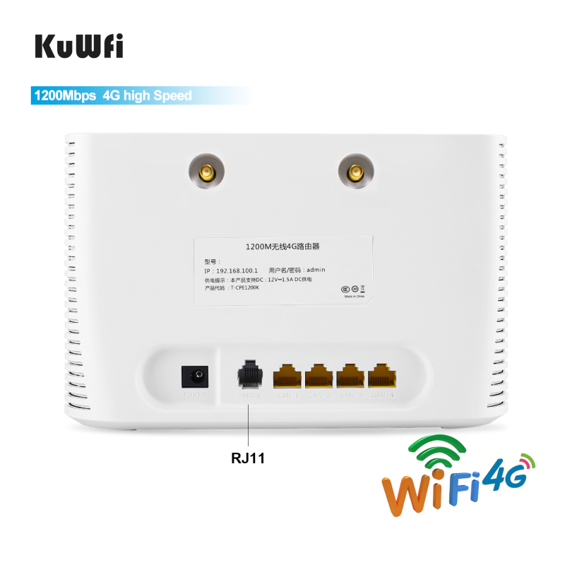 KuWFi 4G LTE Router 1200Mbps 2.4G/5G Wireless Home Office WiFi Router Unlocked TDD/FDD with RJ45 up to 64 Wifi Users