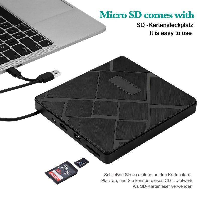 Kuwfi usb3.0 + type-c dvd burner dvd rw cd writer external optical drive tf/sd card reader for mac laptop windows
