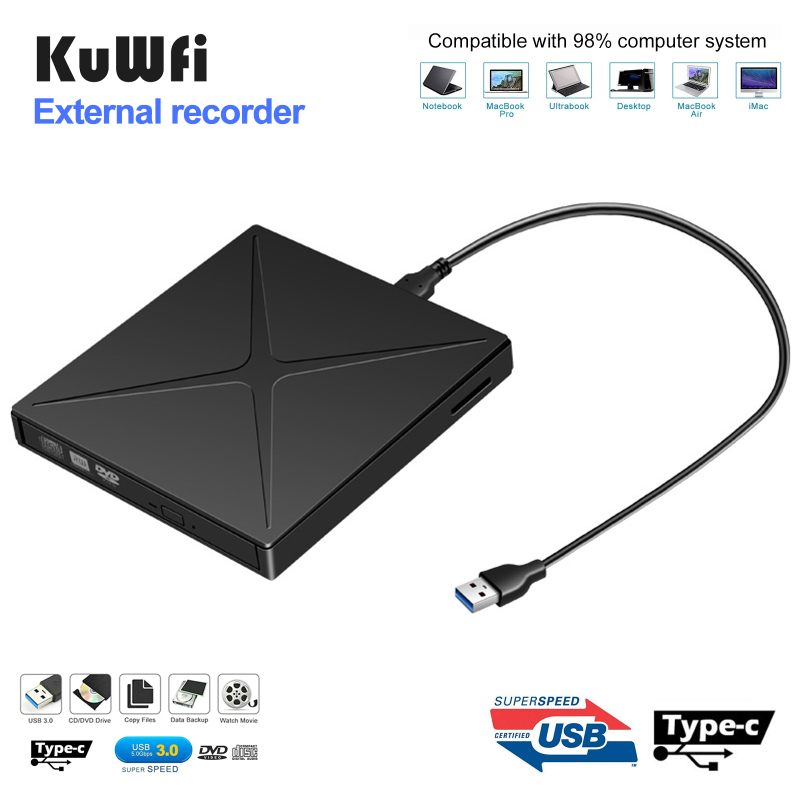 Kuwfi usb3.0 external dvd drive DVD-RW cd burner reader for mac windows laptop bd/cd/dvd burner