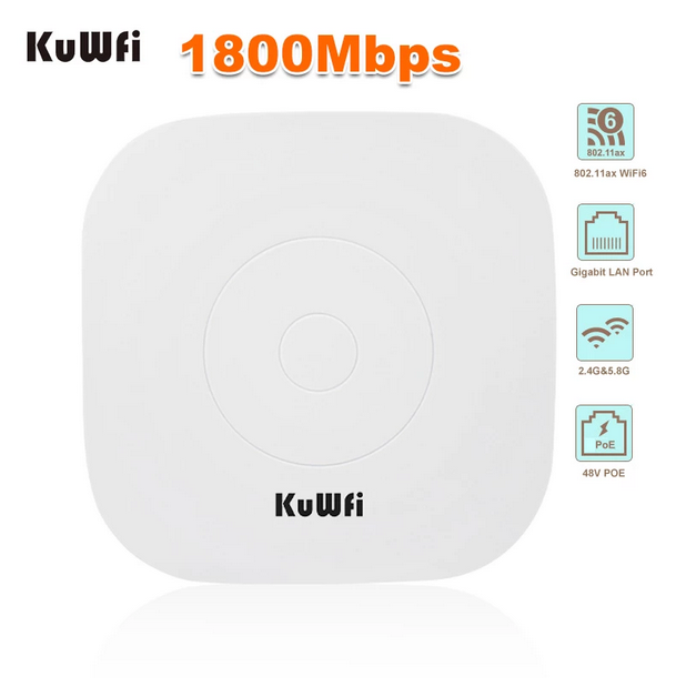 KuWFi 1800Mbps WiFi 6 Wireless Ceiling AP Dual Band 2.4G&5.8G 11AX WiFi Range Extender Router Access Point Gigabit LAN 48V POE