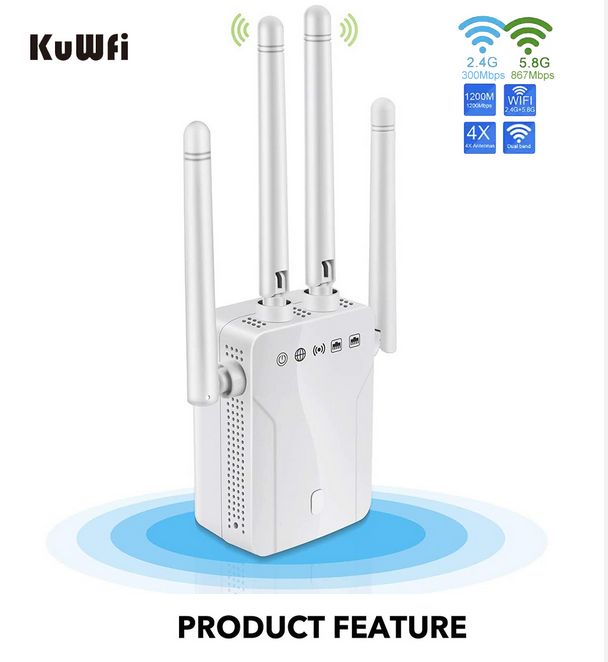 KuWFi Wireless Repeater 1200Mbps 2.4Ghz &amp; 5Ghz Long Range WiFi Extender Dual Band Wi-Fi Signal Amplifier Booster 4 PCS Antennas