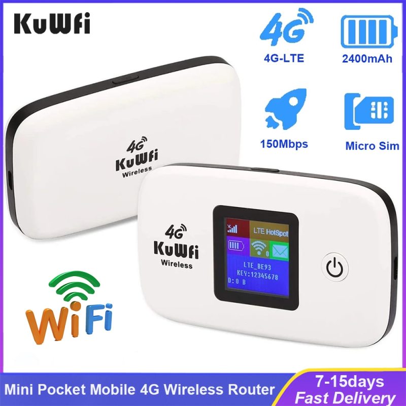 KuWFi 4G Lte Hotspot Wifi Router Mobile150Mbps 4G Pocket LTE Router Mobile Hotspot For Travel Router 2400mAh Battery High Speed