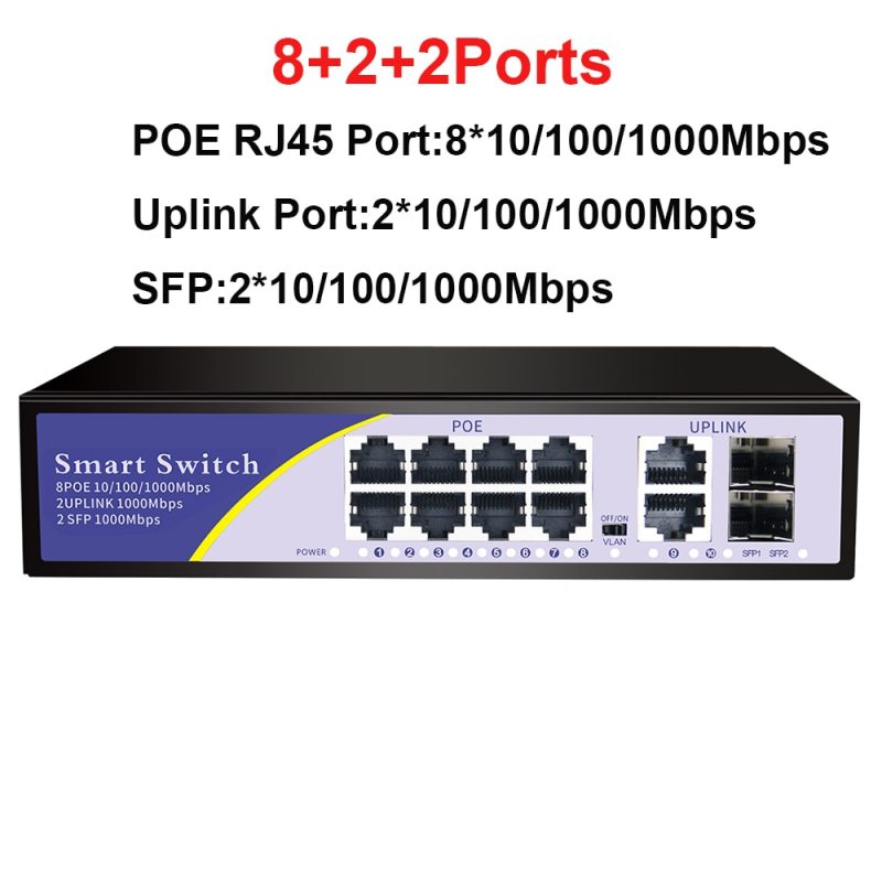 10 Ports POE Gigabit Switch 48V VLAN 10/100/1000Mbps 8 POE 1000M Port+2Uplink Port Network Switch for CCTV IP Camera Wireless AP
