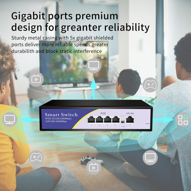 KuWFi Full Gigabit POE Switch 4 Ports Standard RJ45 10/100/1000Mbps Etherent Switch Support 802.3af/at For IP Camera