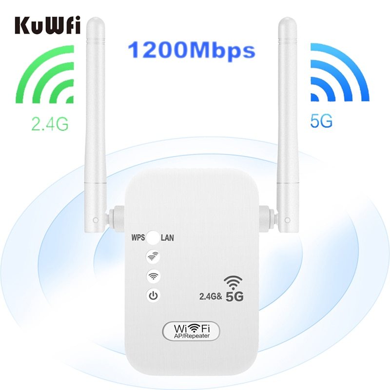 KuWFi 2.4G&amp;5G WiFi Repeater 1200Mbps Wifi Range Extender Wireless Signal Booster Amplifier with 2dBi Omnidirectional Antenna LAN