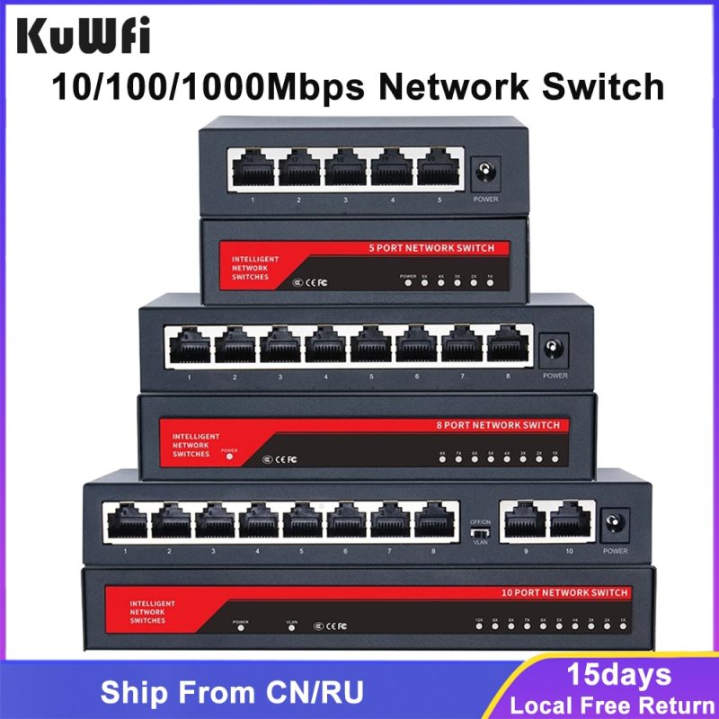 KuWFi Gigabit Network Switch 100/1000Mbps Switch 5/8/10 Port RJ45 LAN Hub Desktop Fast Ethernet Switch for Office Dormitory Home