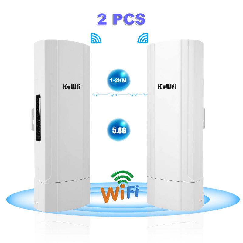 KuWFi 5.8G WiFi Bridge 300Mbps 3KM PTP Access Wireless Outdoor CPE WiFi Extender 14dBi Antenna 2*100M LAN RJ45 Port 24V PoE
