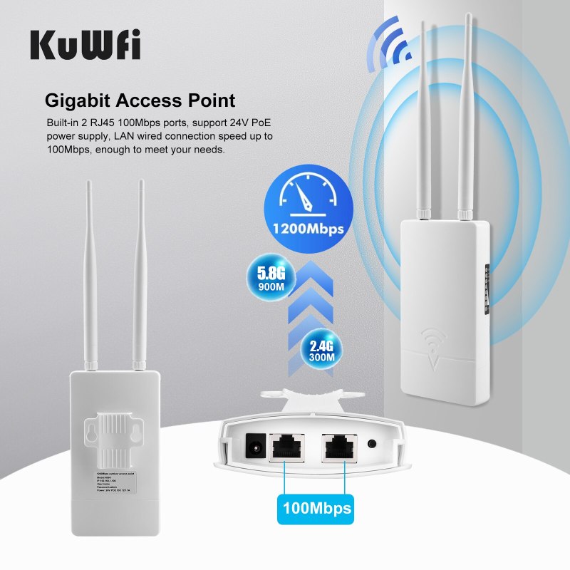 KuWFi 5G&amp;2.4Gh 1200Mbps Outdoor Wireless WiFi AP Router High Power Dual Dand High Gain 2*5dBi Wifi Antenna With 24V POE