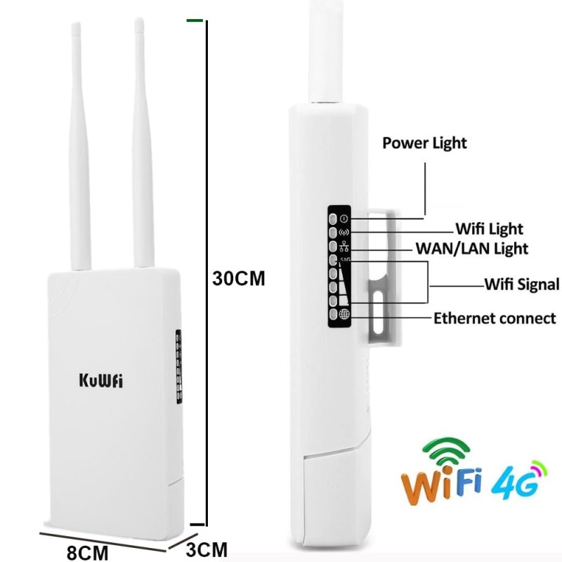 KuWFi Waterproof Outdoor 4G Router 150Mbps CAT4 LTE Routers 3G/4G SIM Card WiFi Router Modem for IP Camera/Outside WiFi Coverage