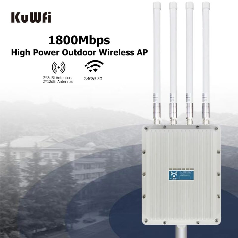 KuWFi 1800Mbps Outdoor Wireless AP 2.4G&amp;5.8G WiFi Coverage Signal Booster with Gigabit RJ45 Access Point Base Station 160+ Users
