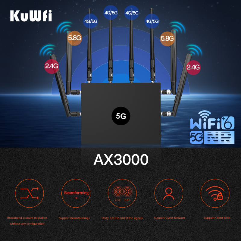 KuWFi 5G CPE WiFi Router 3000Mbps dual band 2.4G 5.8G NSA SA Cellular Unlocked 5G Router with SIM Card Dual Band Wi-Fi 6 Router Gigabit LAN Port