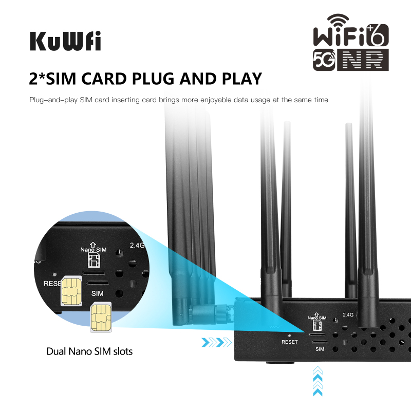 KuWFi 5G CPE WiFi Router 3000Mbps dual band 2.4G 5.8G NSA SA Cellular Unlocked 5G Router with SIM Card Dual Band Wi-Fi 6 Router Gigabit LAN Port