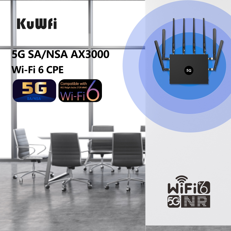 KuWFi 5G CPE WiFi Router 3000Mbps dual band 2.4G 5.8G NSA SA Cellular Unlocked 5G Router with SIM Card Dual Band Wi-Fi 6 Router Gigabit LAN Port