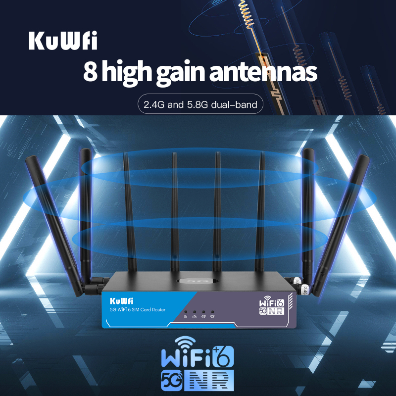 KuWFi 5G CPE WiFi Router 3000Mbps dual band 2.4G 5.8G NSA SA Cellular Unlocked 5G Router with SIM Card Dual Band Wi-Fi 6 Router Gigabit LAN Port