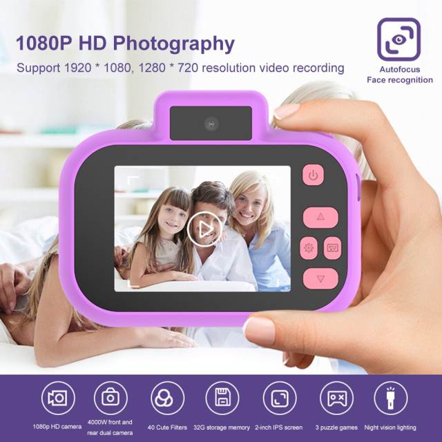 High-definition 4000W Front Rear Dual-camera 2 Inch HD IPS Screen Digital Kids Camera USB Charging with Lanyard Children's toys