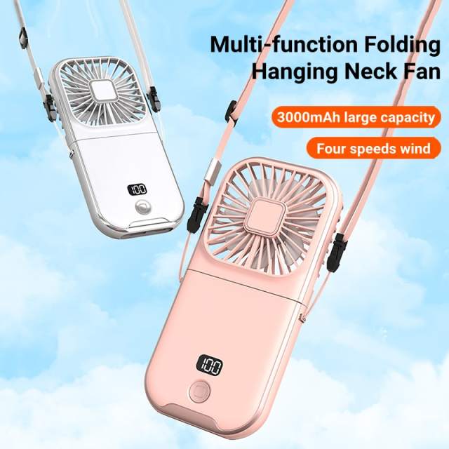 Mini Portable Outdoor Hand Fan Hanging Neck Fan USB Charging 3000mAh Battery Powered 180° Folding