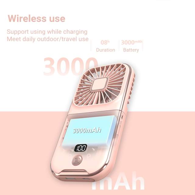 Mini Portable Outdoor Hand Fan Hanging Neck Fan USB Charging 3000mAh Battery Powered 180° Folding