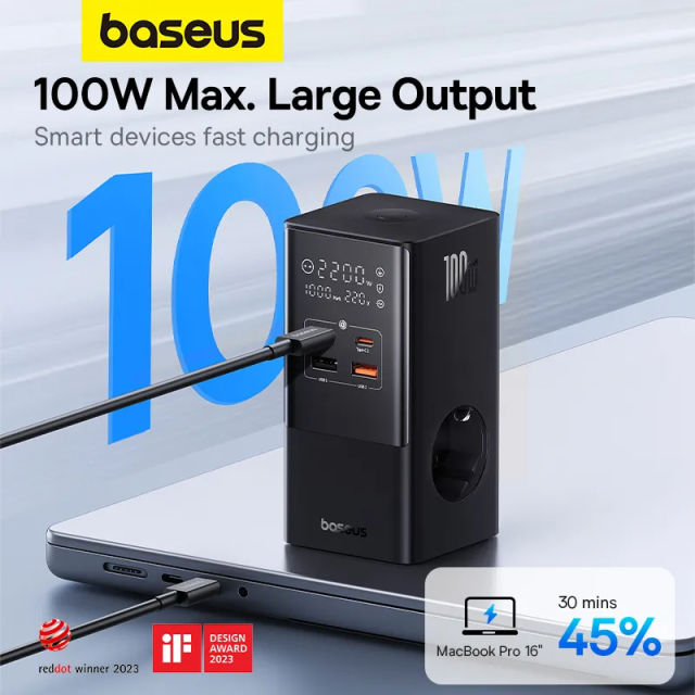 NEW Baseus 100W Fast USB Charger 6 in 1 Power Strip Desktop Charging Station With 1200J Surge Protector