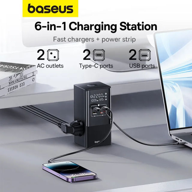 NEW Baseus 100W Fast USB Charger 6 in 1 Power Strip Desktop Charging Station With 1200J Surge Protector